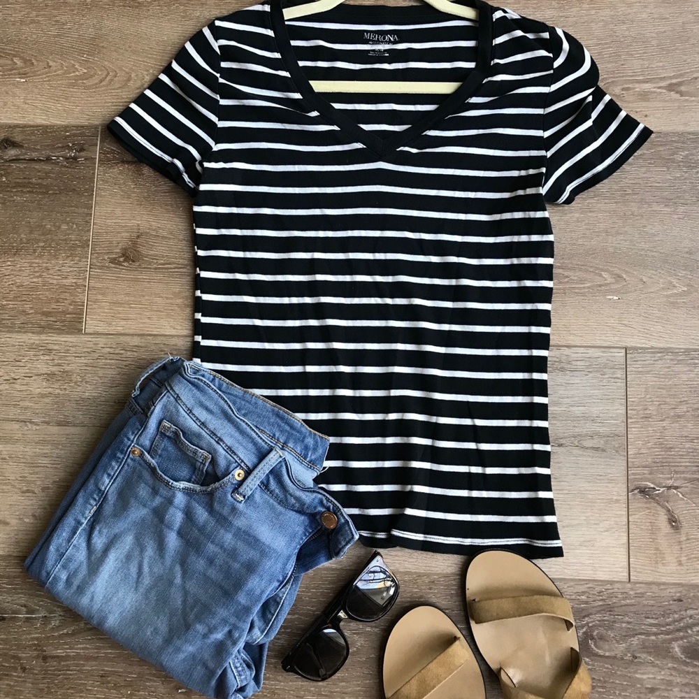 Target Merona black striped v-neck tee